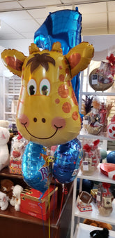 Jolly Giraffe 1st birthday balloon bouquet with giraffe head, number 1, and Happy Birthday balloons